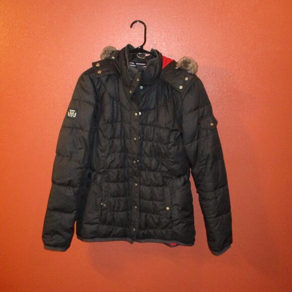 Tommy Hilfiger Woman Medium Black Red Brown Full Zip Faux Fur Hooded Coat - Picture 5 of 10